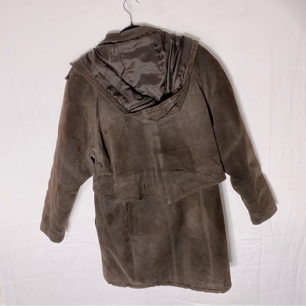 Vintage 90s Outlook Brown Suede Leather Coat With Drawstring Waist M - Picture 2 of 16